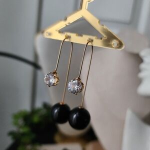 Gold CZ Stone and Ball Drop Earrings Bar Threader Style